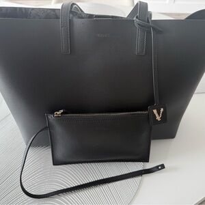 Versace Black Leather Tote Bag with Pouch